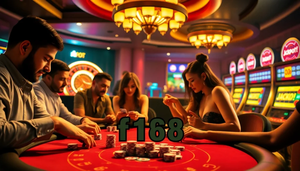 Players enjoy an intense poker game at f168 casino, surrounded by vibrant slot machines and a spinning roulette wheel.