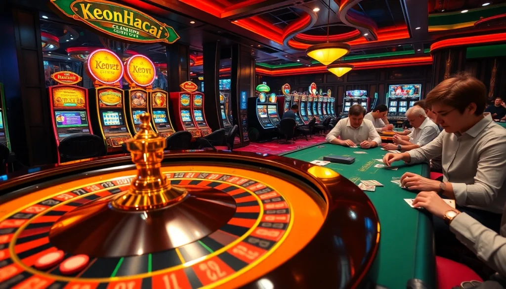 Experience the thrill of keonhacai in a lively casino with roulette, vibrant slot machines, and excited players engaging in poker.