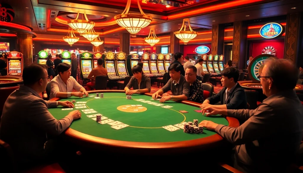 Diverse players enjoying poker at Nhà Cái HF88's vibrant casino floor.