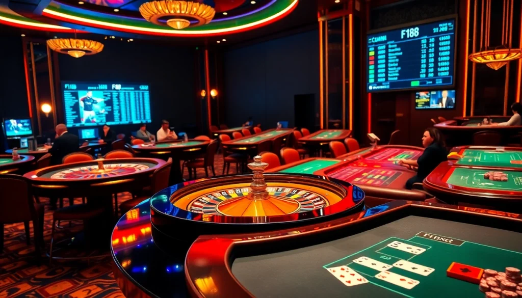 Experience the excitement of F168 with luxurious casino gaming and vibrant roulette tables.