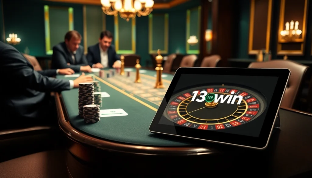 13win highlights a thrilling casino atmosphere with poker players and vibrant roulette wheel.